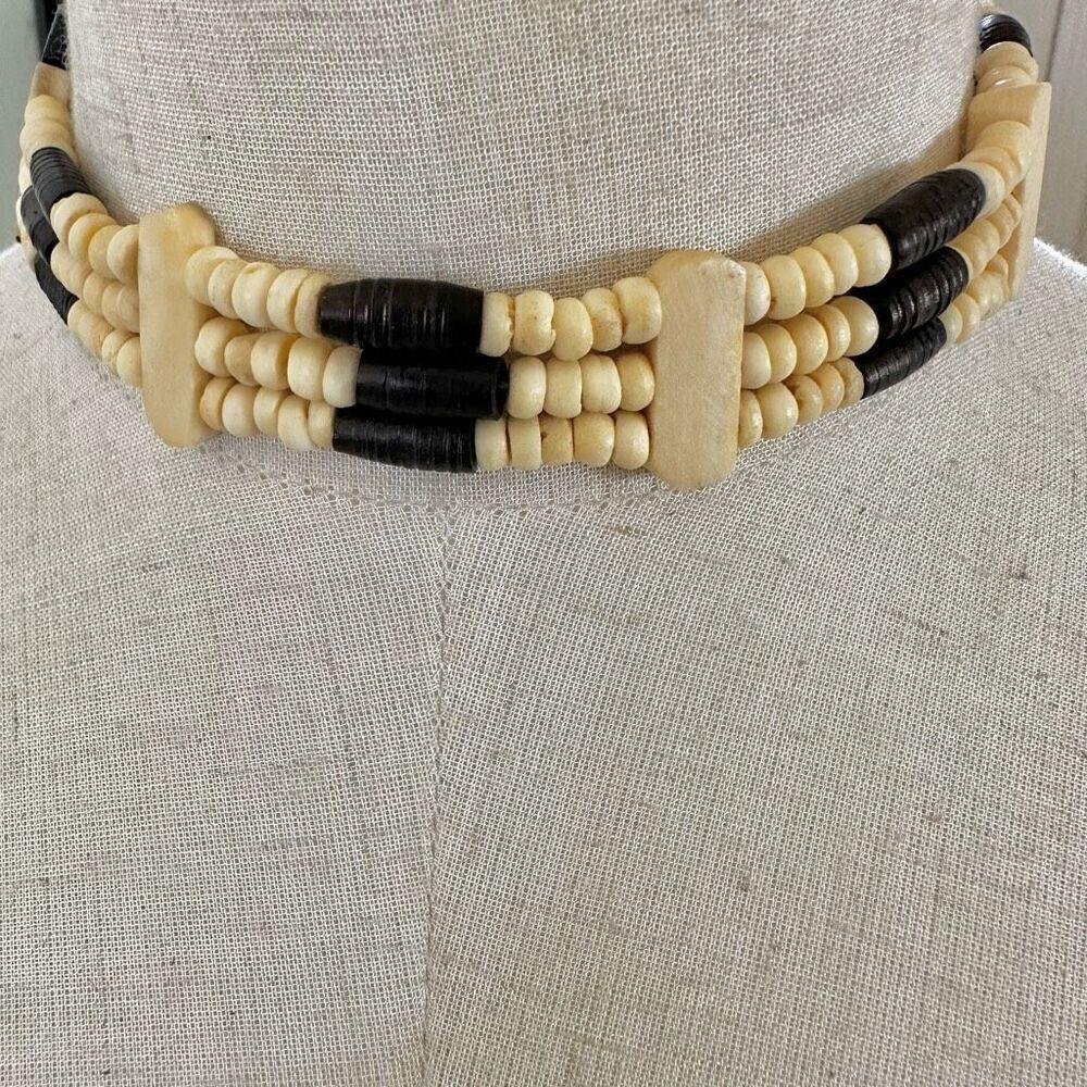 bone and wood triple strand choker necklace